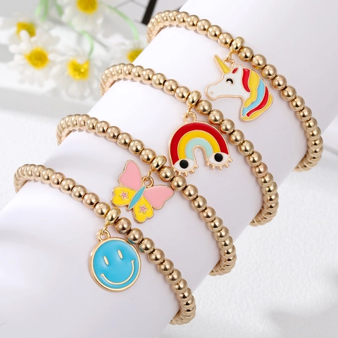 Cute Gold Beaded Bracelet With Enamel Smiley Face Butterfly Unicorn Rainbow Charms Cartoon Jewelry For Women Kids Girls