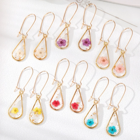 Orecchini Pendenti a Goccia Fatti a Mano con Fiori Veri per Donna in Resina Foglia d'Oro Lega Gioielli Botanici Boho