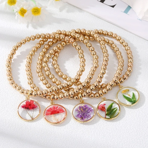 Bracelet à Billes en Or Allié de Style Pastoral Pendentif en Fleur Séchée Réelle Bijoux Botaniques en Résine pour Femmes
