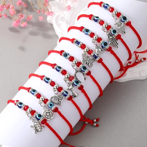 Handmade Braided Red String Bracelet For Women Men Evil Eye Beads Alloy Animal Heart Butterfly Charms Lucky Protection Adjustable Wrist Jewelry