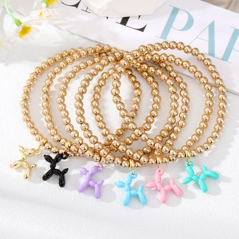 Bracciale Elastico con Perline Dorate e Ciondolo Cane Palloncino Colorato in Lega Stile Pop Art Carino Gioielli Regalo Donna