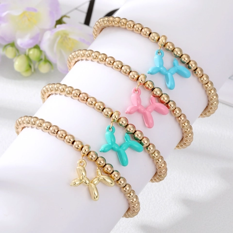 Bracciale Elastico con Perline Dorate e Ciondolo Cane Palloncino Colorato in Lega Stile Pop Art Carino Gioielli Regalo Donna
