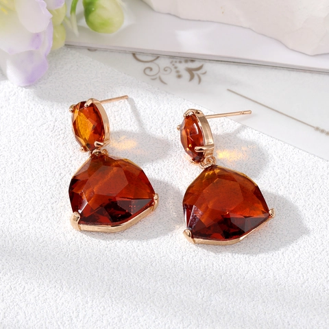 French Geometric Fan Shaped Alloy Glass Dangle Earrings For Women Elegant Faceted Gemstone Stud Earrings Fashion Jewelry
