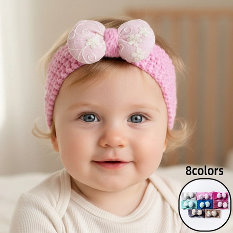 Baby Knitted Headband Soft Polyester Warm Winter Hairband With Embroidered Bow Floral Pattern Infant Hair Accessories