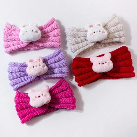 Diadema de Punto para Bebé Suave Elástica de Ganchillo Con Orejas de Conejo y Cerdo de Peluche para Infantes Niños Pequeños Otoño Invierno