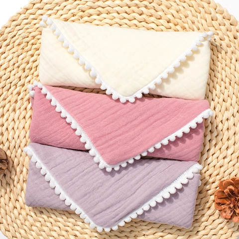Newborn Baby Muslin Gauze Triangle Bib With Pom-Pom Trim Absorbent Polyester Drool Towel Breathable Infant Burp Cloth