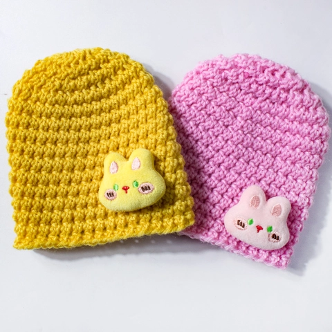 Baby Knitted Beanie Hat Winter Warm Crochet Cap With Cartoon Rabbit Patch For Infants Toddlers Soft Polyester Headwear