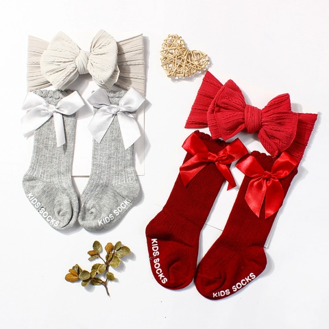 Baby Mädchen Geripptes Stirnband Und Schleife Socken Set Nylon Polyester Säugling Haarschmuck Rutschfest Socken Set