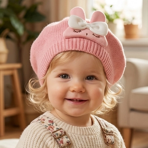 Cute Rabbit Ear Polyester Knit Beret Hat For Baby Toddler Infants Warm Winter Painter Hat Beanie Cap For Boys Girls