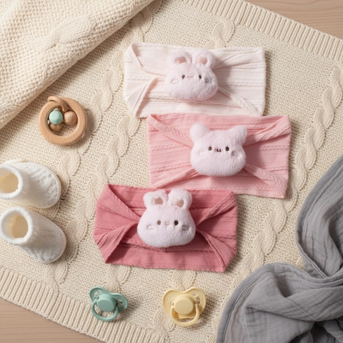 Bandeau pour Nourrisson en Tricot Élastique Avec Décoration Animale en Peluche Accessoire Cheveux Nouveau-né Cadeau de Naissance
