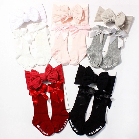 Baby Mädchen Geripptes Stirnband Und Schleife Socken Set Nylon Polyester Säugling Haarschmuck Rutschfest Socken Set