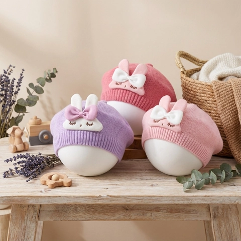 Cute Rabbit Ear Polyester Knit Beret Hat For Baby Toddler Infants Warm Winter Painter Hat Beanie Cap For Boys Girls