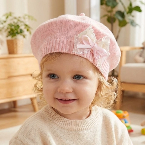 Baby Girls Sweet Bow Pearl Beret Hat Toddler Warm Knit Beanie With Lace Ribbon Princess Style Infant Photography Accessories