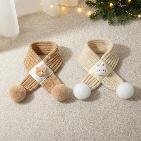 Sciarpa Invernale a Maglia per Neonati Simpatico Cartone Animato Coniglio Orso Caldo Scaldacollo per Bambini con Pompon