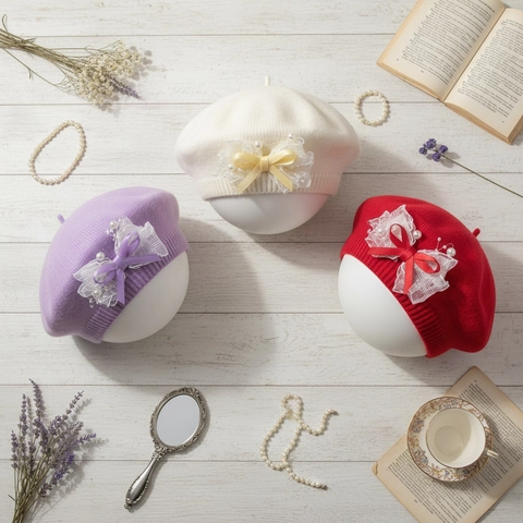 Baby Girls Sweet Bow Pearl Beret Hat Toddler Warm Knit Beanie With Lace Ribbon Princess Style Infant Photography Accessories