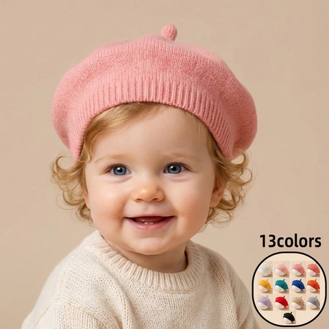 Baby Knit Beret Hat Solid Color Polyester Painter Cap Infant Girls Boys Autumn Winter Warm Fashion Headwear Accessories