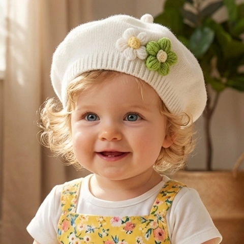 Baby Girl Knit Beret Hat With Crochet Flower Soft Polyester Warm Winter Fall Beanie For Newborn Toddler Infants Accessories