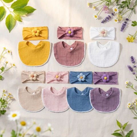 Blume Baby Lätzchen Stirnband Floral Musselin Baumwolle Gaze Sabbertuch Bommelborte Neugeborene Kleinkinder Haarschmuck