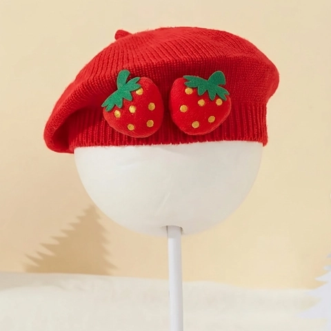 Baby Meisje Aardbei Gebreide Baret Zacht Ademend Rood Schilder Beanie Muts Voor Peuters Lente Herfst Accessoire