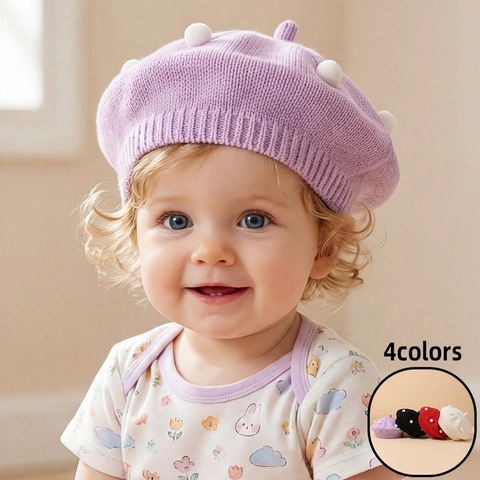Boina De Punto Para Niños Poliéster Suave Con Pompones Gorro De Pintor Para Bebés Niños Niñas Color Sólido Estilo Hongo