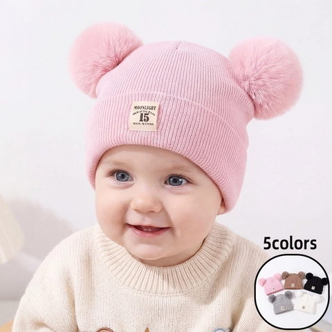Baby Knitted Beanie Warm Winter Double Faux Fur Pom Poms Hat Soft Polyester Ribbed Knit Solid Color Infant Toddler Cap