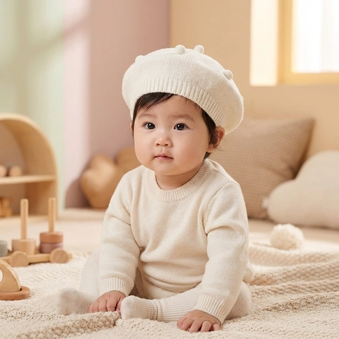 Boina De Punto Para Niños Poliéster Suave Con Pompones Gorro De Pintor Para Bebés Niños Niñas Color Sólido Estilo Hongo