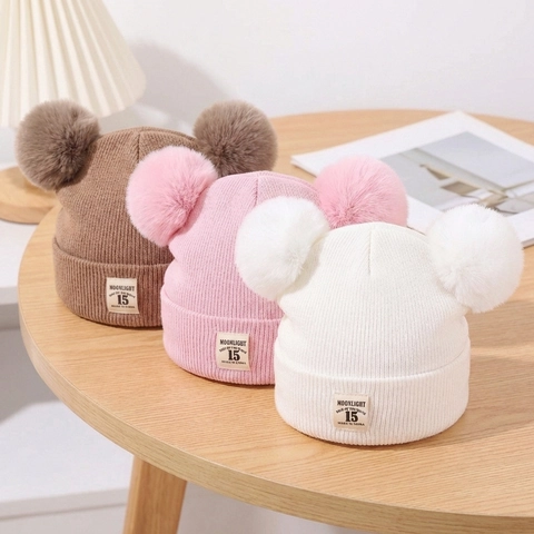 Baby Knitted Beanie Warm Winter Double Faux Fur Pom Poms Hat Soft Polyester Ribbed Knit Solid Color Infant Toddler Cap