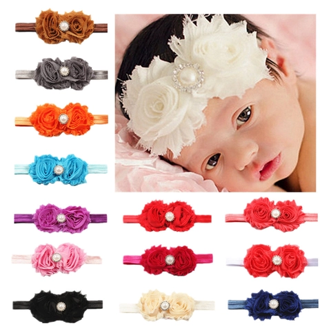 Diadema con Flores para Bebé Gasa Perla Artificial Strass Aleación Banda para el Cabello Accesorio Elástico Niñas Boda