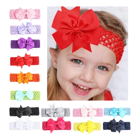 Diadema con Lazo de Color Sólido para Bebé Niña Elástica de Punto Ganchillo Grosgrain Lazo Suave Accesorios de Fotografía para Bebés