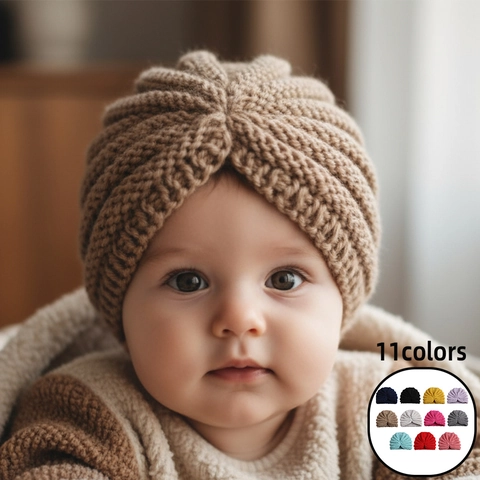 Weiche Polyester Baby Strick Turban Mütze Warme Winterbeanie Pullover Mütze Mit Kreuzknoten Für Säuglinge Kleinkinder Kinder