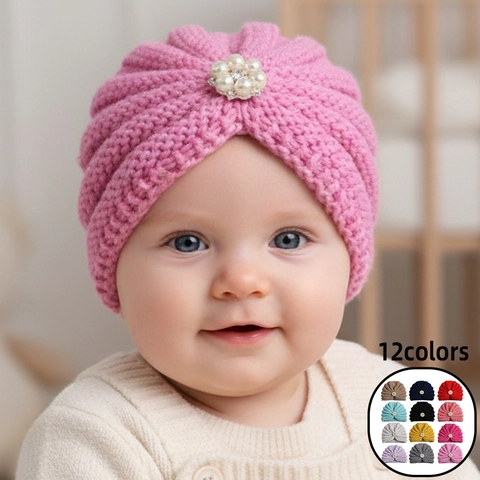 Baby Turban Hat Solid Color Knitted Beanie With Artificial Pearl Rhinestone Flower Soft Warm Infant Toddler Headwrap