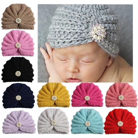 Baby Turban Hat Solid Color Knitted Beanie With Artificial Pearl Rhinestone Flower Soft Warm Infant Toddler Headwrap