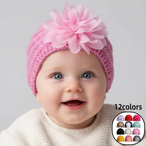 Baby Chiffon Flower Knit Turban Hat Polyester Ribbed Warm Winter Beanie For Newborn Infant Toddler Daily Photography Girl Hat