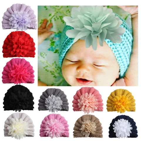 Baby Chiffon Flower Knit Turban Hat Polyester Ribbed Warm Winter Beanie For Newborn Infant Toddler Daily Photography Girl Hat