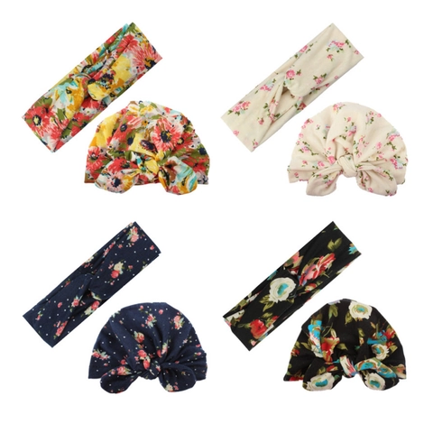 Baby Tulband Hoed Hoofdband Set Bloemenprint Strik Knoop Zacht Poly Katoen Hoofddeksels Voor Peuter Pasgeboren Cadeau