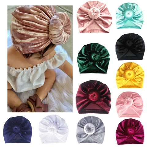 Weiche Samt Baby Turban Mütze Donut Knoten Headwrap Für Säuglinge Neugeborene Mädchen Böhmische Plissierte Beanie Kopfzubehör