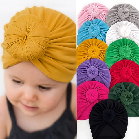 Soft Baby Turban Hat Donut Knot Pleated Stretch Polyester Cotton Indian Beanie Cap For Newborn Toddler Infant Solid Color
