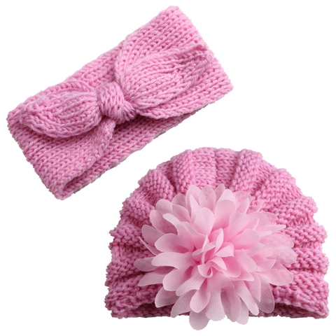 Infant Baby Knit Hat Headband Set Solid Color Large Flower Warm Beanie Bowknot Hairband Two Piece Outfits For Toddlers