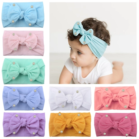 Baby Girl Nylon Headband With Large Bow And Artificial Pearls Soft Elastic Kids Hair Band Cute Toddler Princess Headwraps