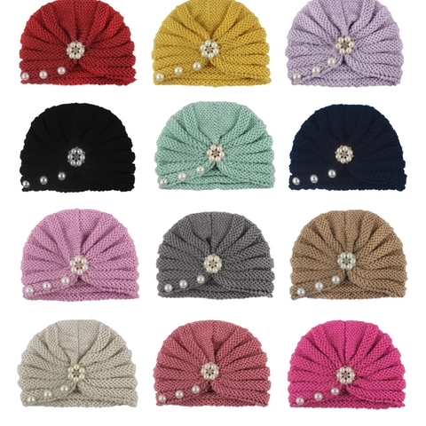 Baby Girls Knitted Turban Hat With Artificial Pearl Rhinestone Flower Soft Warm Infant Beanie Indian Cap Headwear Accessory