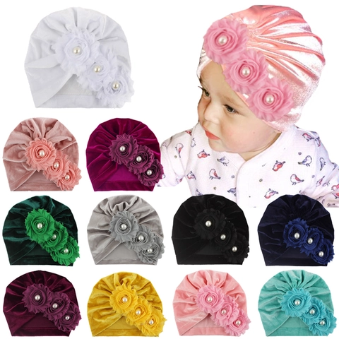 Cappello Turbante per Neonati in Morbido Velluto Con Elegante Fiore 3D Perla Artificiale Berretto Elastico per Bambine