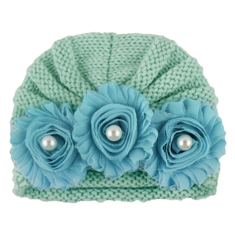 Baby Girl Knit Turban Hat With Artificial Flower Pearl Decor Soft Polyester Cotton Beanie Headwear For Newborn Infants