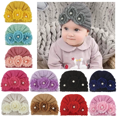 Baby Girl Knit Turban Hat With Artificial Flower Pearl Decor Soft Polyester Cotton Beanie Headwear For Newborn Infants