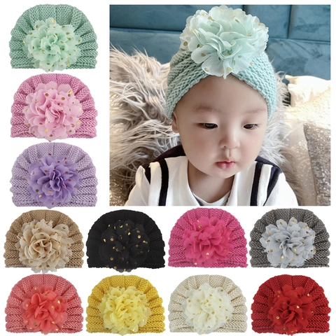 Baby Meisje Gebreide Turban Muts Met Grote Netbloem Gouden Stippen Peuter Beanie Winter Warme Hoofddeksels Mode Accessoires