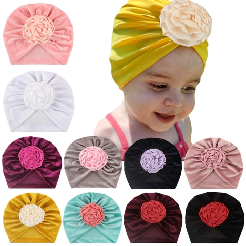 Baby Girls Turban Hat Soft Polyester Golden Velvet Beanie With Large 3D Flower Decoration Infant Toddler Warm Headwrap Accessory