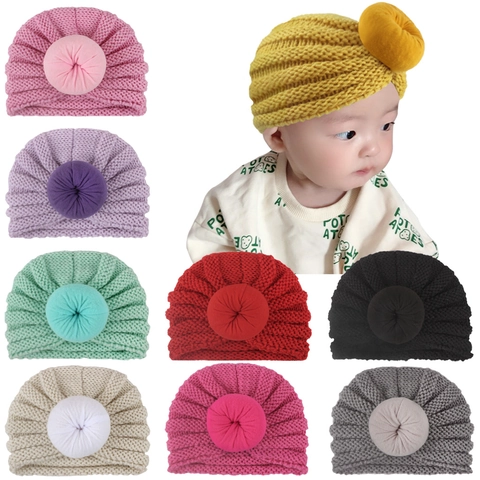Gorro de Turbante para Bebé Color Sólido Nudo de Dona Gorro de Punto Suave Cálido Gorro para Recién Nacido Mezcla de Algodón
