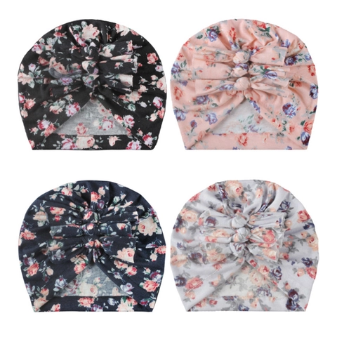 Baby Tulband Hoed Zacht Gebreid Polyester Katoen Bloemenprint Grote Strik Geplooide Hoofdwikkel Voor Pasgeboren Baby Meisje