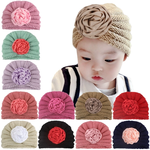 Baby Girls Winter Warm Knit Turban Hat With Large Satin Rose Flower Soft Beanie For Infants Toddlers Photography Props