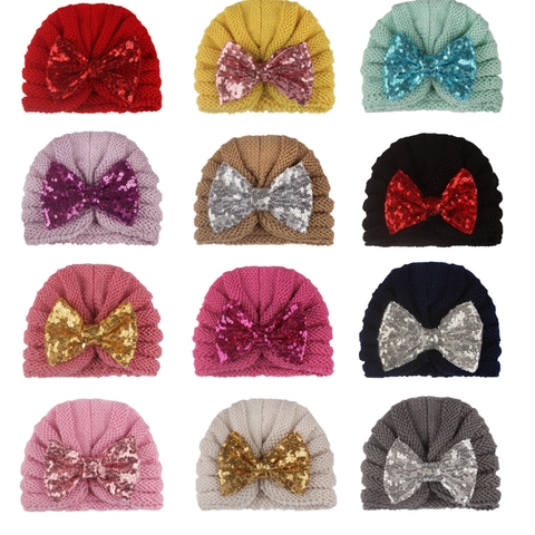 Neugeborene Baby Strick Turban Mütze Mit Großer Pailletten Schleife Kleinkind Warme Weiche Beanie Süße Kopfbedeckung