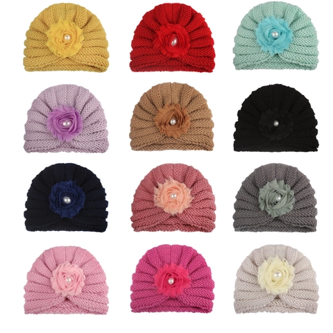 Gorro Turbante para Bebé Con Flor de Gasa Grande Perla Artificial Dulce Sombrero de Punto Cálido Otoño Invierno Niños